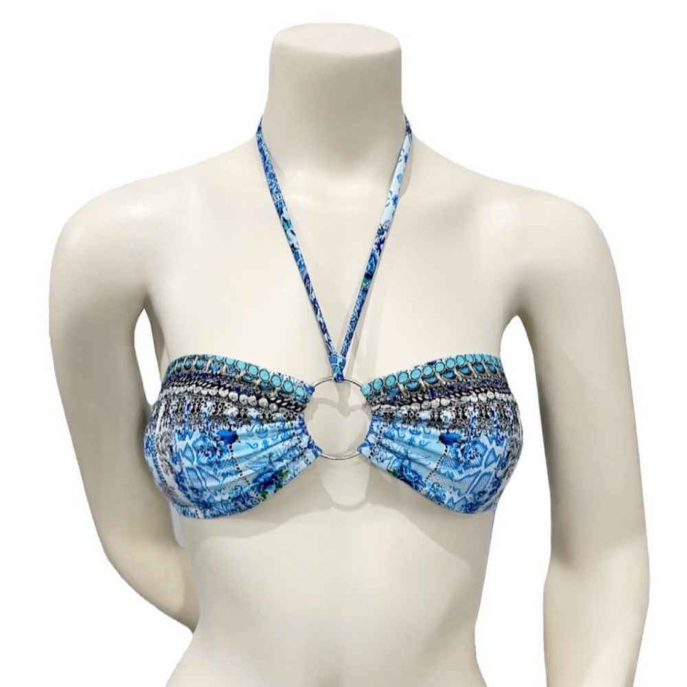 True Colors by La Moda Blue Bandeau Halter Bikini Top Ring Front Sz M